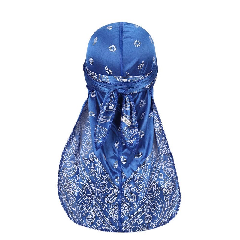 DINPREY Assorted Paisley Bandana Doo rag Cap Headwraps Men's Women's Silk Durag with Long Tail and Wide Straps for 360 Waves (Navy blue,Purple,Blue) - Image 2